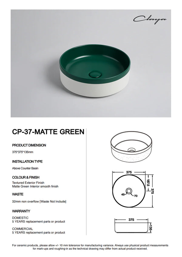 Colour Plus-37 Round Above-Counter Basin – Matte Green