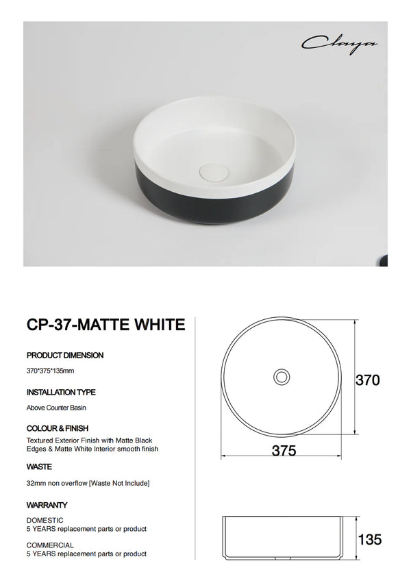 Colour Plus-37 Round Above-Counter Basin – Matte White