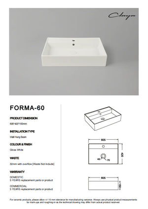 Forma 60 – Wall Hung Ceramic Basin with Overflow