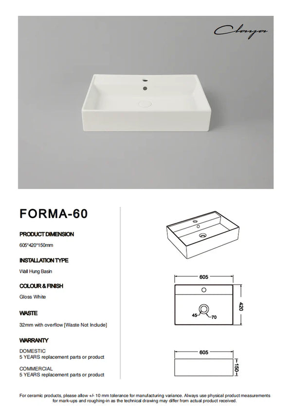 Forma 60 – Wall Hung Ceramic Basin with Overflow