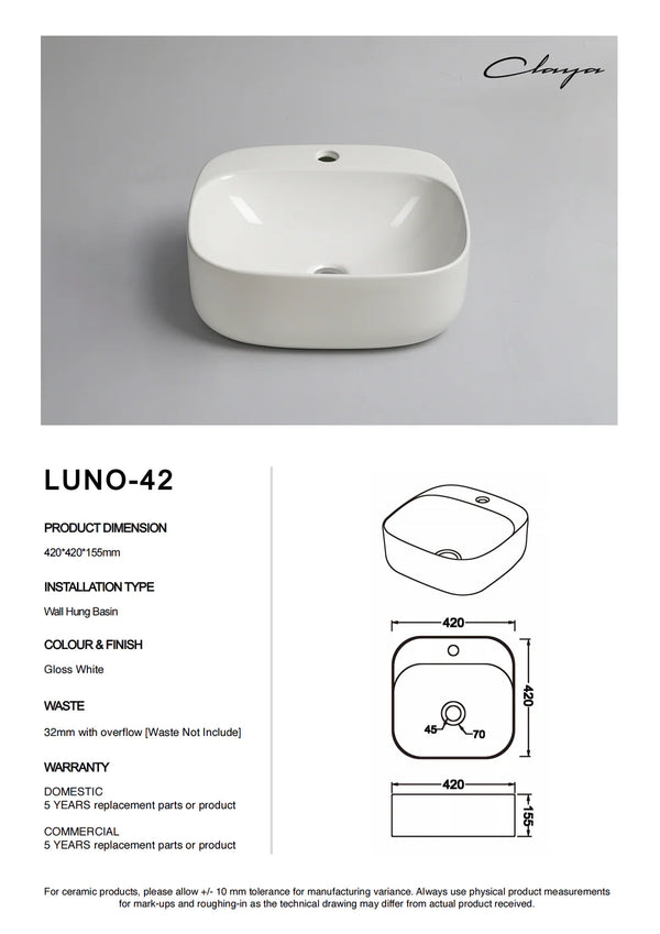 Luno 42 – Wall Hung Ceramic Basin (No Overflow)
