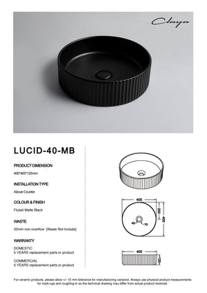 Lucid-40-MB | Round Fluted Matte Black Counter Top Basin
