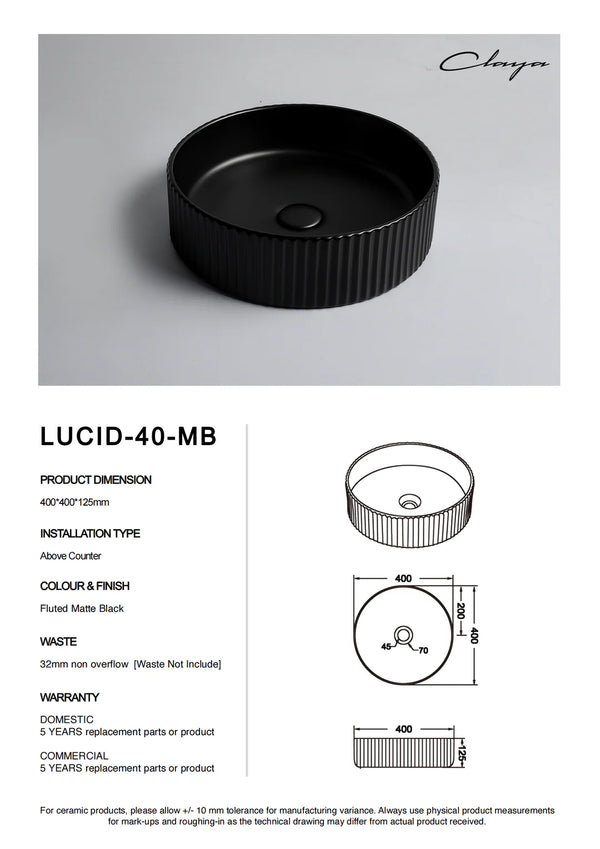 Lucid-40-MB | Round Fluted Matte Black Counter Top Basin