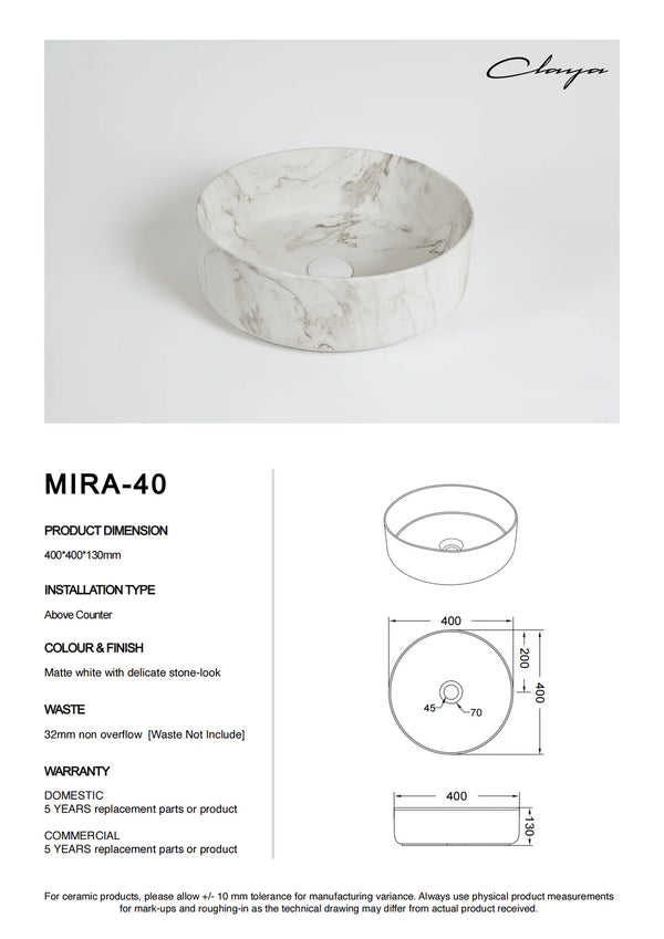 Mira 40 Round Above-Counter Basin – Matte White Ceramic