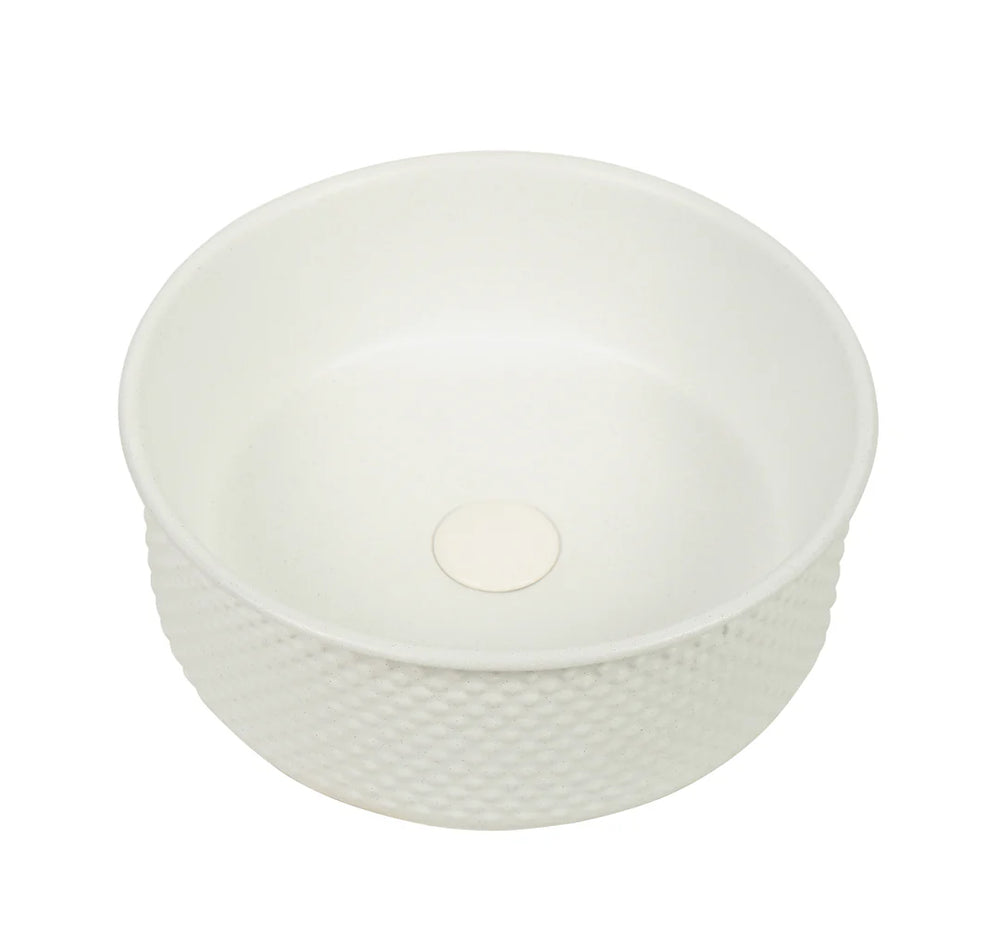 P-Tessina 38- 385mm Round Textured Ceramic Basin – Matte White.