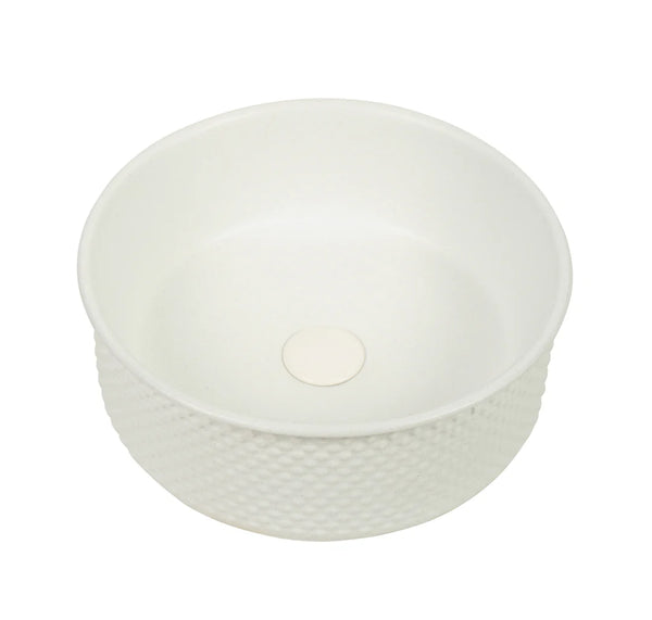 P-Tessina 38- 385mm Round Textured Ceramic Basin – Matte White.