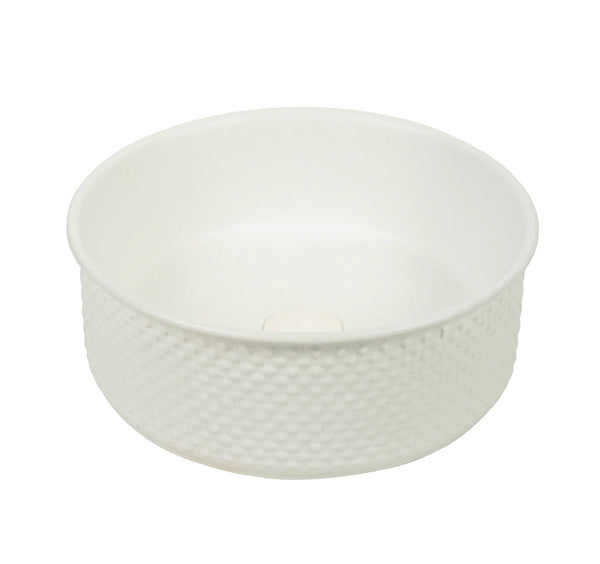 P-Tessina 38- 385mm Round Textured Ceramic Basin – Matte White.