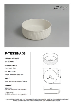 P-Tessina 38- 385mm Round Textured Ceramic Basin – Matte White.