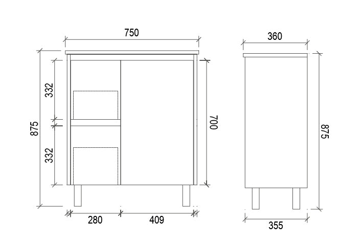 PE750L | 750mm PVC White Vanity (Left Sided Drawer)