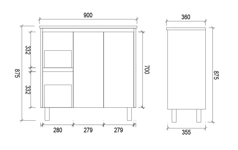 PE900L | 900mm PVC White Vanity (Left Sided Drawer)