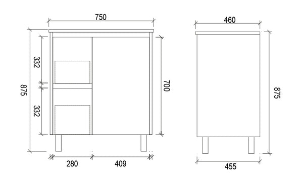 PS750L | 750mm PVC White Vanity (Left Sided Drawer)