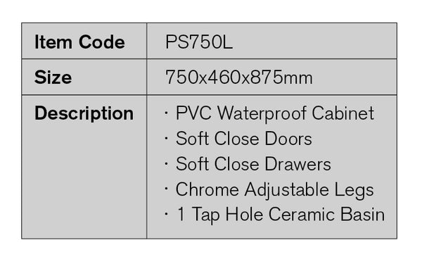 PS750L | 750mm PVC White Vanity (Left Sided Drawer)