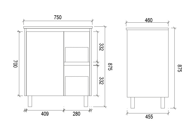 PS750R | 750mm PVC White Vanity (Right Sided Drawer)