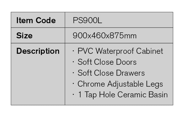 PS900L | 900mm PVC White Vanity (Left Sided Drawer)