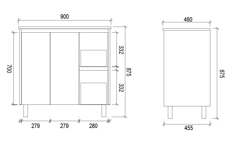PS900R | 900mm PVC White Vanity (Right Sided Drawer)