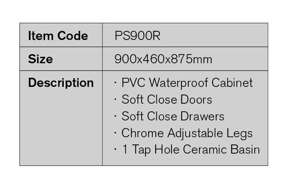 PS900R | 900mm PVC White Vanity (Right Sided Drawer)